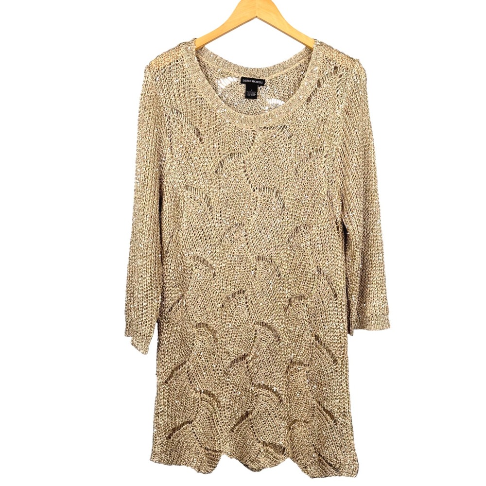 Lauren Michelle Womens Size Large Sweater Gold Sequin Knit Tunic Scallop Hem